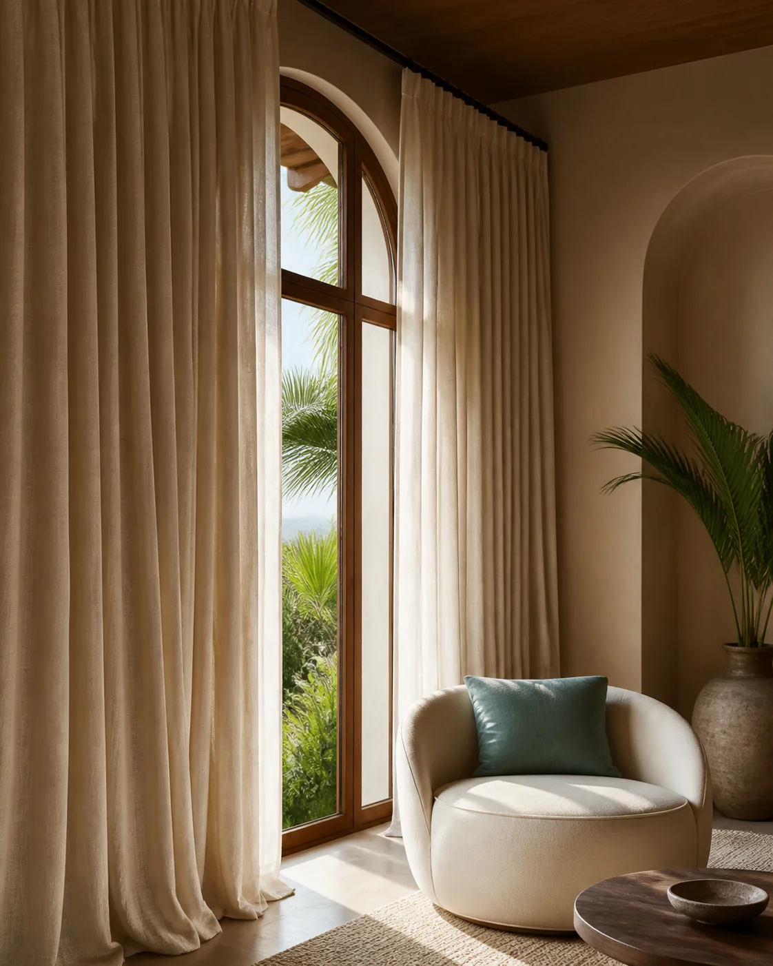Cortinajes de lino en una ventana arqueada