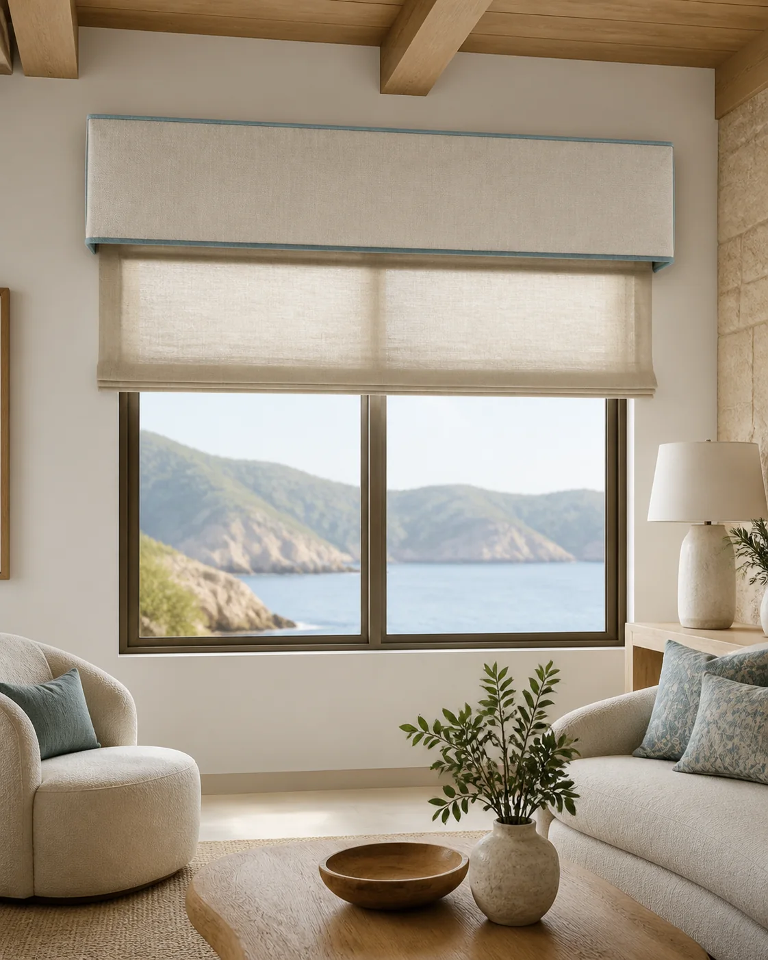 Cenefa tapizada con vivo aqua y shade romano