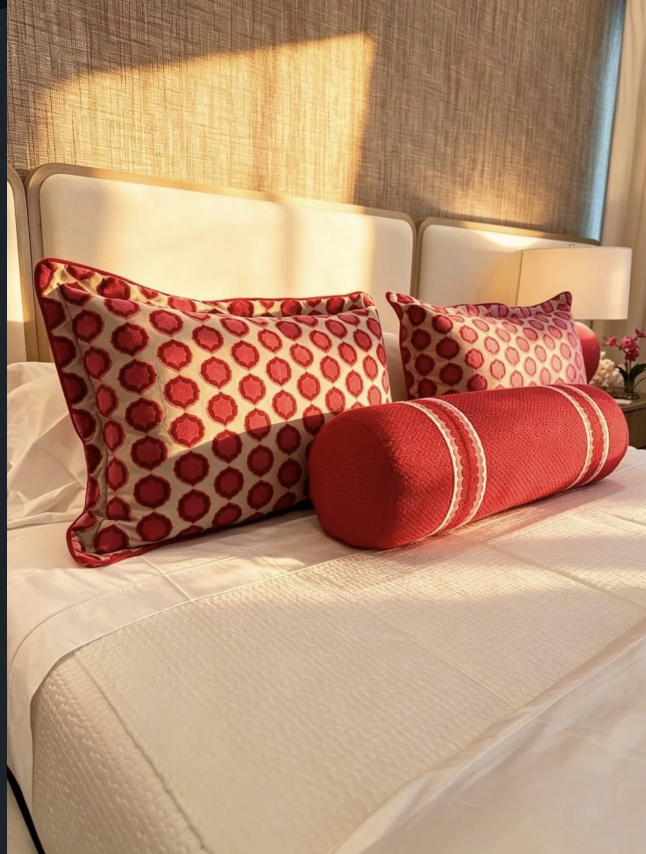 Ropa de cama blanca con cojines rojos