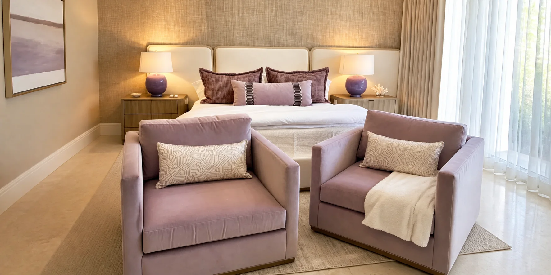 Suite con sillones y textiles color lavanda